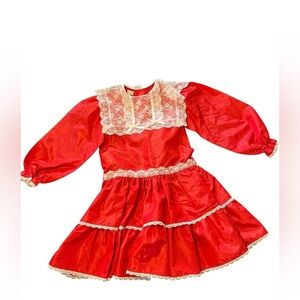 Vintage MiniWorld Red Dress For Girls White Lace Trim Kids Sz 6X Like New